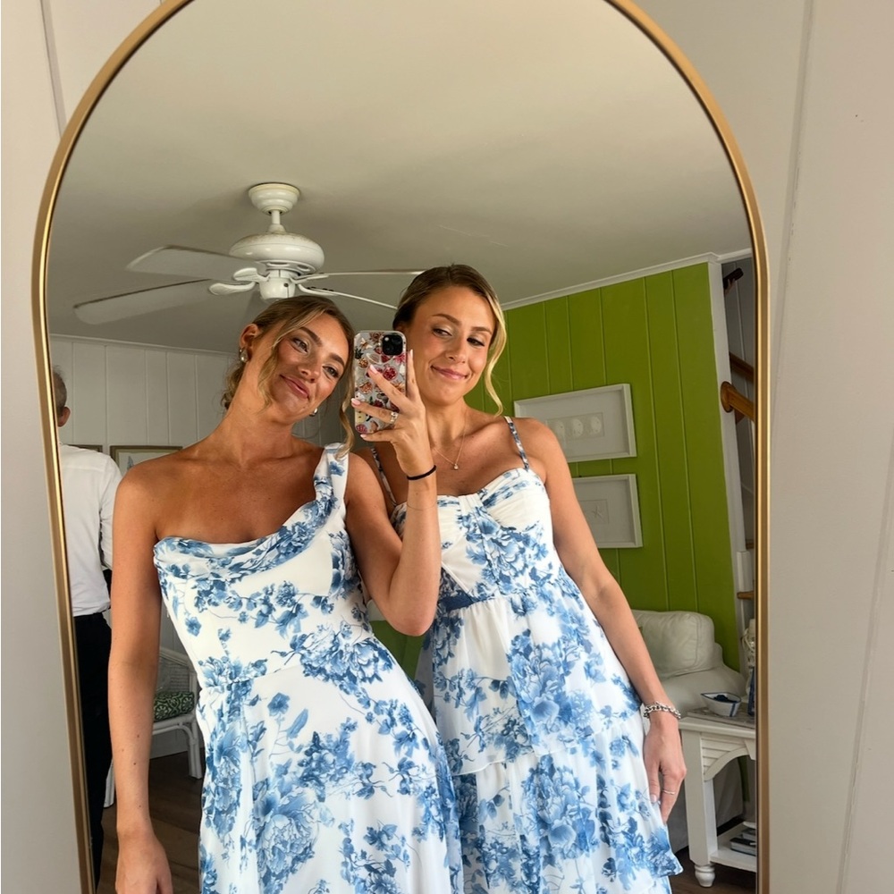 Dessy Collection Blue and White Floral Maxi Dress